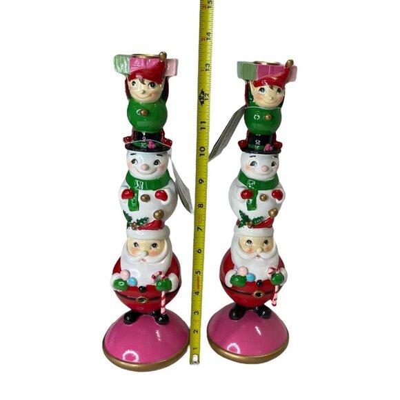 Jingles & Joy Elf Snowman Santa Christmas Candlestick Candle Holders Set Holiday - Picture 4 of 4